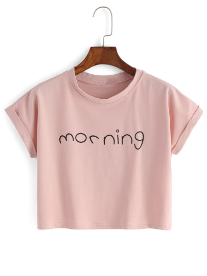 Letters Print Cuffed Crop Top