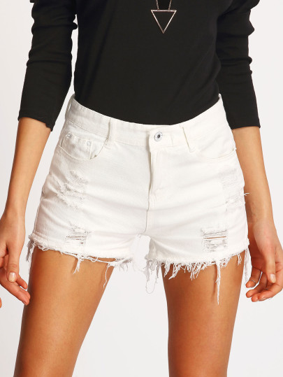 Ripped Detail Raw Hem Denim Shorts