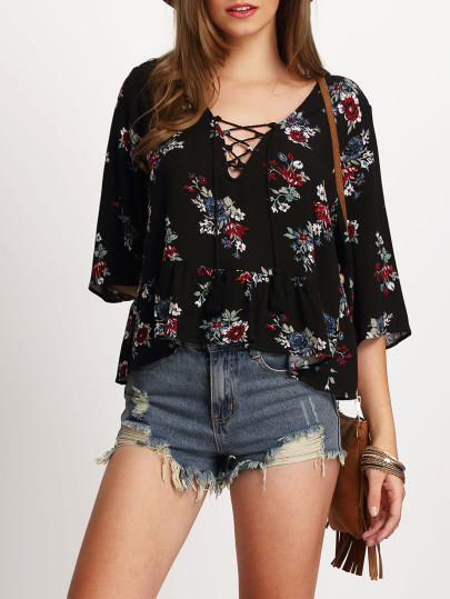 Blusa manga media cordón floral -negro