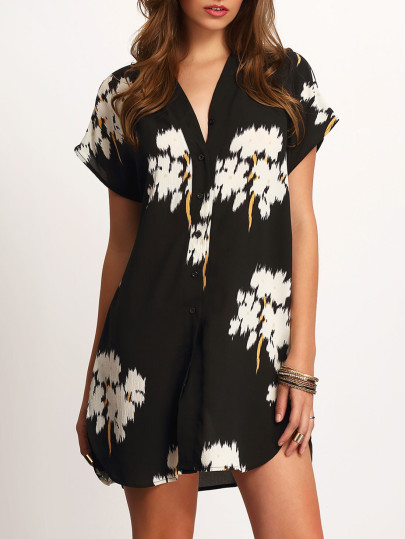 V-neck Floral Print Dolphin Hem Dress