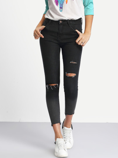 Denim Hose schmal mit zerrissenen Design und Farbverlauf -schwarz