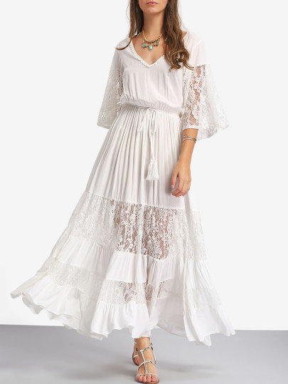 Bell Sleeve Contrast Lace Tie Waist Maxi Dress