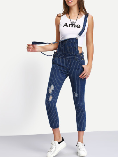 Vertical Striped Ripped Denim Pinafore Jumpsuit