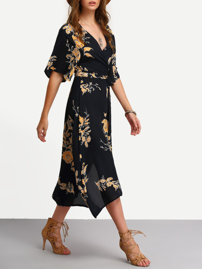 Surplice Front Florals Wrap Dress