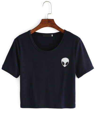 Camiseta escote redodo estampado crop -azul