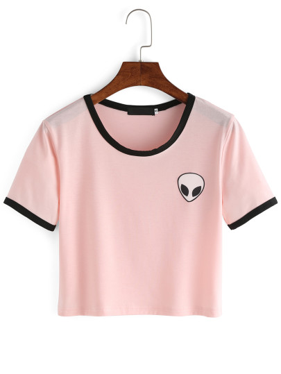 Crew Neck Alien Print Crop T-Shirt