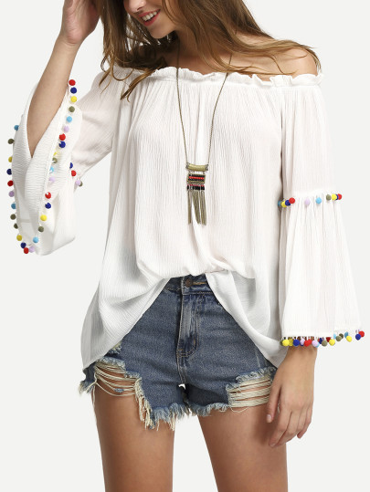 Off The Shoulder Colored Pompom Trim Blouse