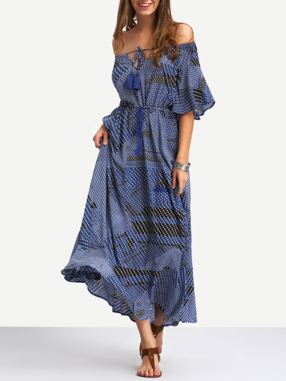 Off The Shoulder Tie-waist Ruffle Hem Maxi Dress