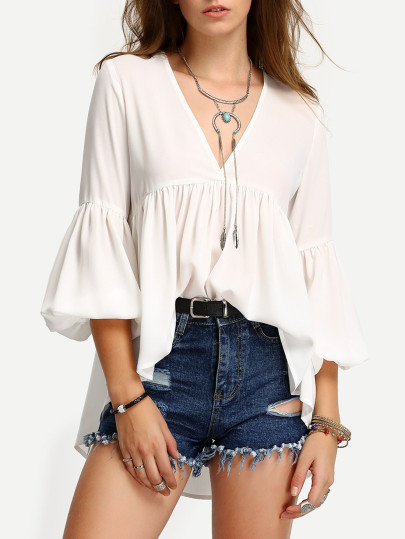 White V Neck High Low Pleated Blouse