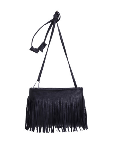 Bolso faux cuero flecos -negro