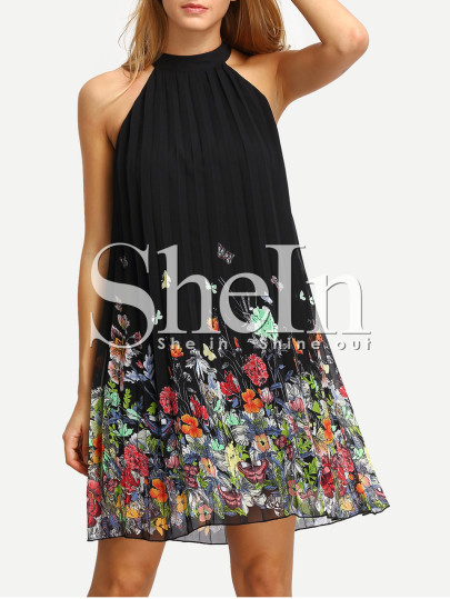 Shiftkleid ärmellos mit Cutouts und Blumenmuster -schwarz