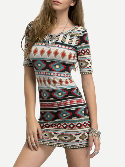 Multicolor Short Sleeve Print Bodycon Dress