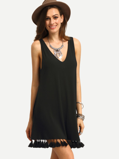 Double V Neck Tassel Trim Dress