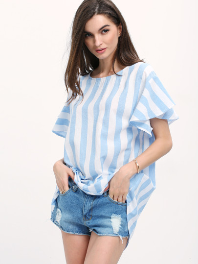 Blue White Striped High Low Blouse