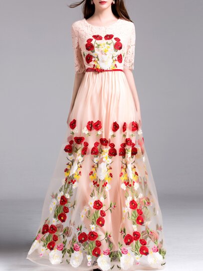 Maxi Kleid mit Spitzeneinsatz und Druck - rosa
