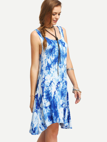 Blue Sleeveless Ikat Print Shift Dress