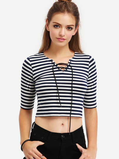 Black White Striped Lace Up T-shirt