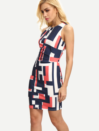 Multicolor Sleeveless Geometric Print Bodycon Dress