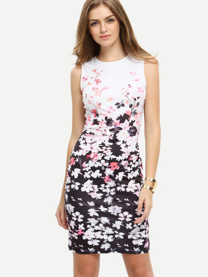 Multicolor Flower Print Sleeveless Bodycon Dress