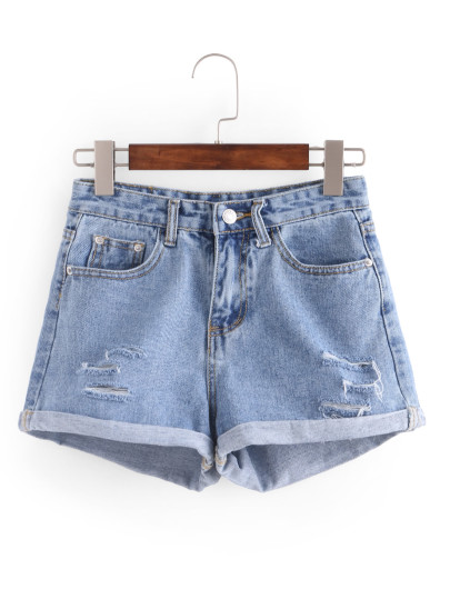 Ripped Rolled Hem Denim Shorts