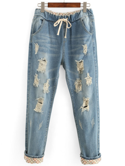 Jeans décontracté effet déchiré avec lien de serrage