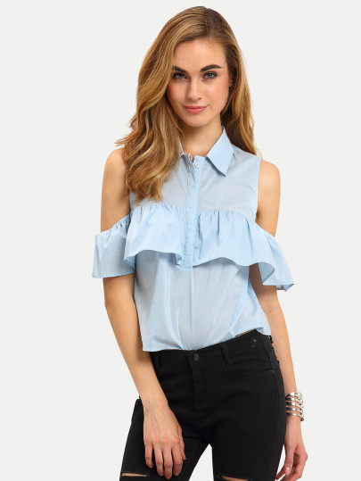 Light Blue Cold Shoulder Ruffle Bottons Blouse