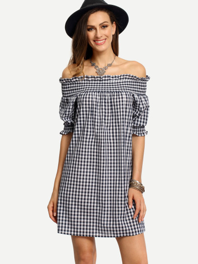 Blue White Plaid Off The Shoulder Shirt Dress
