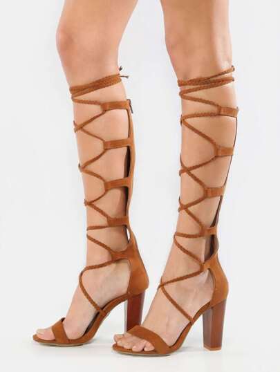 Braided Lace Up Gladiator Heels CHESTNUT