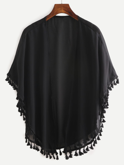 Kimono en mousseline avec franges - Noir