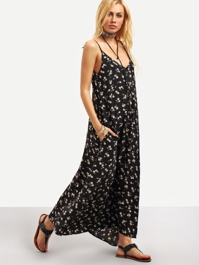 Robe motif fleuri col v - Noir
