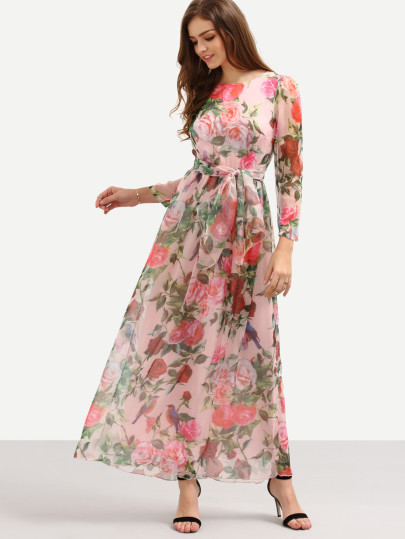 Self-Tie Rose Print Chiffon Romantic Dress