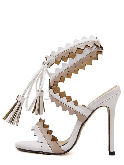 Escarpins à lacets bout ouvert avec franges - blanc