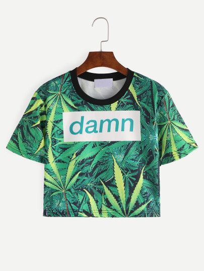 Camiseta escote combinado hoja crop -verde