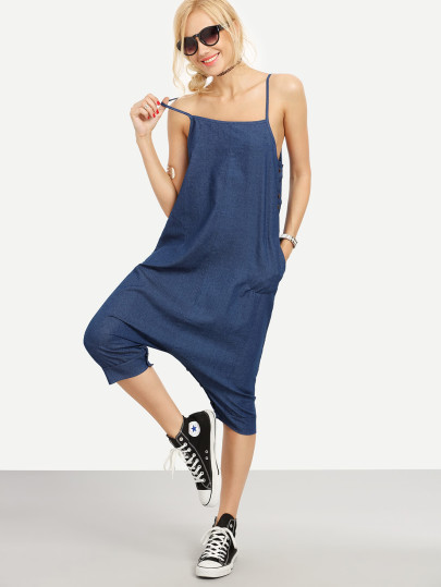 Buttoned Drop Crotch Blue Denim Overall Pants