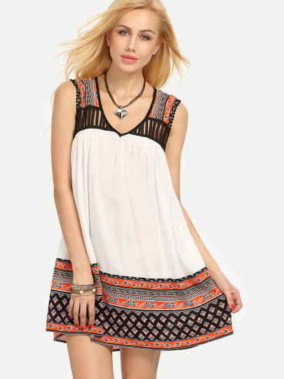 Multicolor Vintage Print Sleeveless Hollow Shift Dress