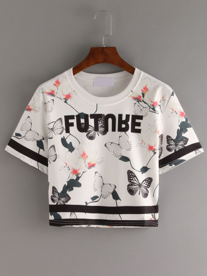 Camiseta letras mariposa crop -blanco