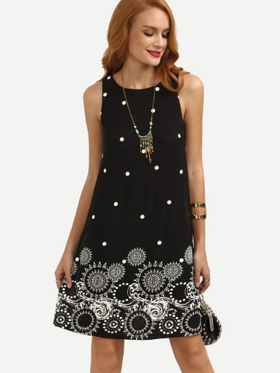 Polka Dot Tribal Print Swing Tank Dress