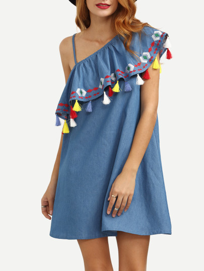 Blue One Shoulder Ruffle Tassel Embroidered Dress