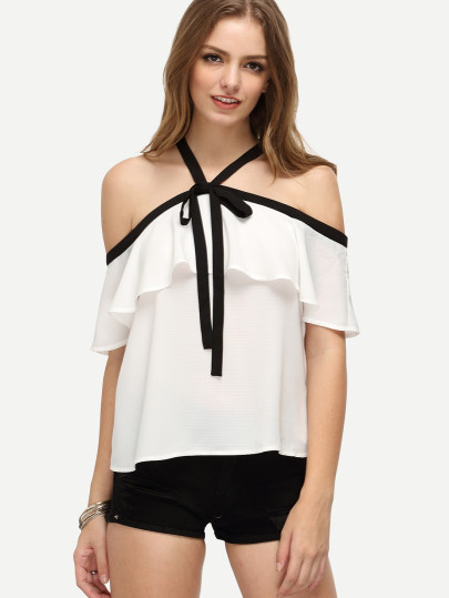 Contrast Trim Tie Front Frill Blouse