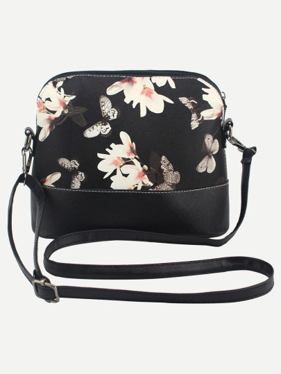 Flower & Butterfly Print Crossbody Bag - Black