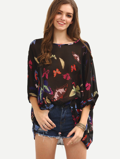 Blusa poncho mariposa estampada gasa -negro