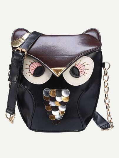 Faux Leather Owl Shoulder Bag - Black