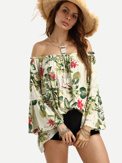Off The Shoulder Bell Sleeve Floral Print Top