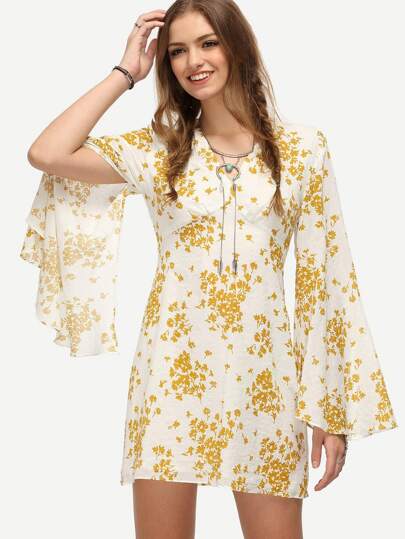 Robe col v manche longue - Jaune