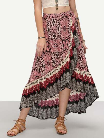 Jupe asymétrique motif fleuri - multicolore
