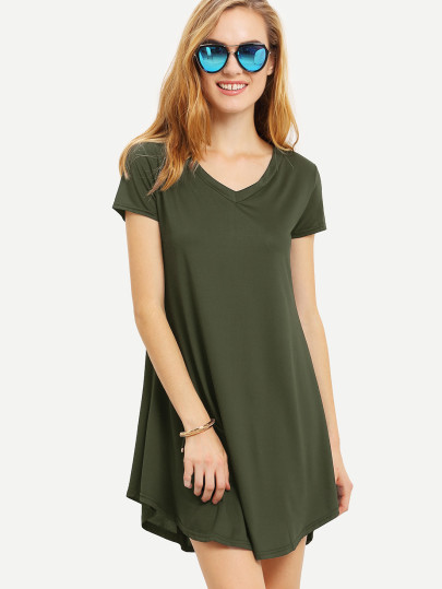 Olive Green V-Neckline Swing Tee Dress