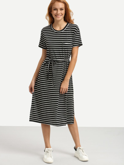 Vestito A Strisce Con Cintura - Nero Bianco