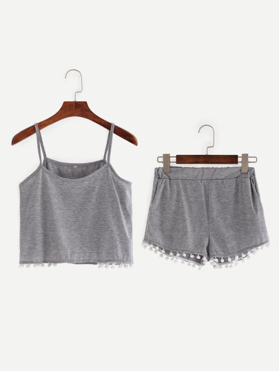 Pompom Trim Crop Cami Top With Shorts