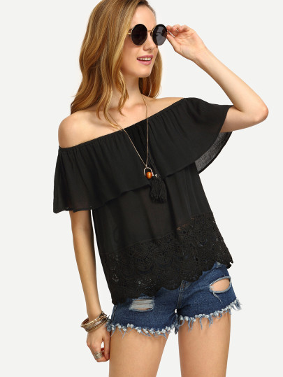 Flounce Layered Neckline Tassel Lace Crochet Trim Top