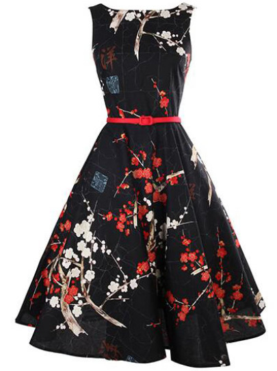 Robe évasée motif fleuri avec ceinture - noir